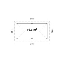 Plan avec indications de dimensions : 588, 672, 384, 300 et 16.6 mètres carrés