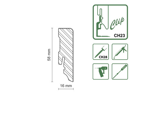 Profilleiste mit den Maßen 58 mm x 16 mm und Montagesymbolen