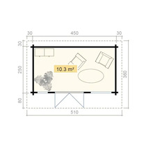 Plan d''un abri de jardin avec mobilier et plantations, dimensions indiquées