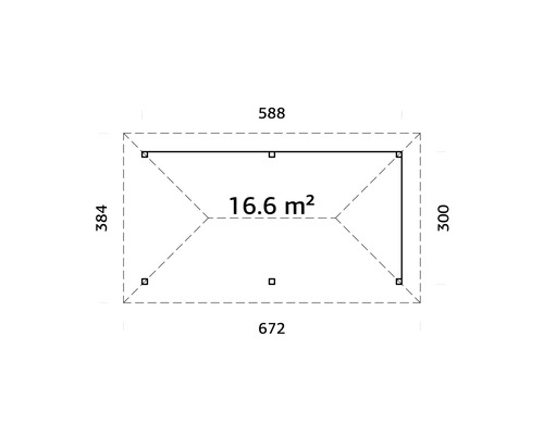 Plan avec les dimensions 588, 384, 672 et 300, surface de 16,6 mètres carrés