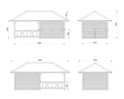 Dessin technique d''un pavillon de jardin avec dimensions