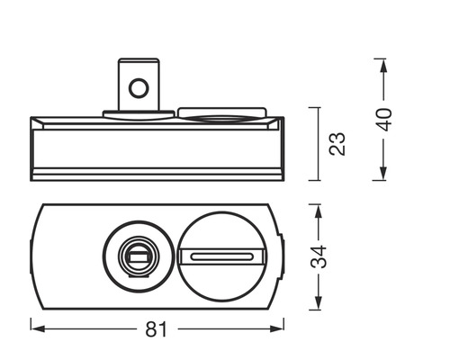Technische Zeichnung eines Beschlags mit Maßangaben