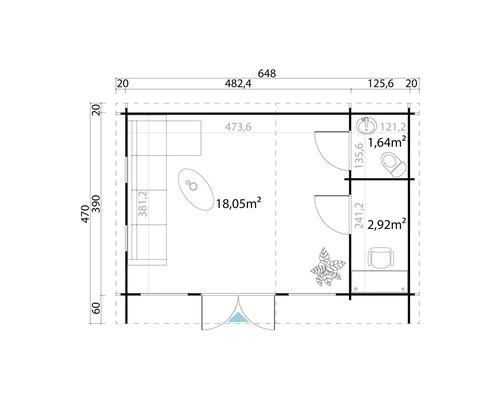 Plan d''un abri de jardin avec salon, salle de bain et WC avec dimensions
