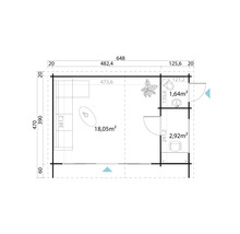 Plan d''un abri de jardin avec espace de vie et sanitaires avec dimensions.
