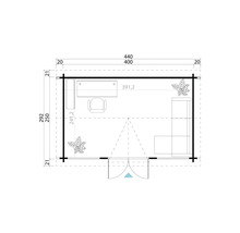 Plan d''un abri de jardin avec dimensions, mobilier de bureau et décoration