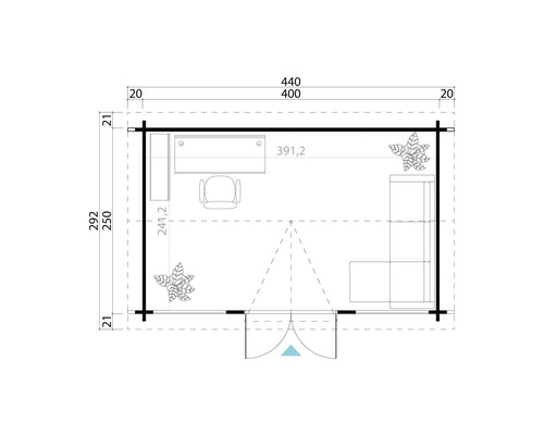 Plan d''un abri de jardin avec dimensions, mobilier de bureau et décoration