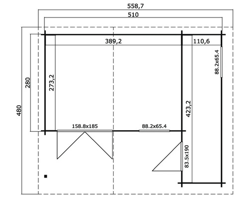 Plan d''un abri de jardin avec indications de dimensions