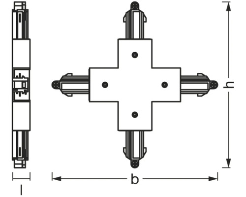 Skizze eines Vierfachverbinders für Stromschienenbeleuchtung mit Maßangaben