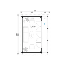 Plan d''un pavillon de jardin avec meubles et les dimensions 430 sur 580 centimètres