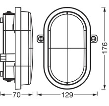 Technische Zeichnung einer ovalen Aussenleuchte mit Massangaben