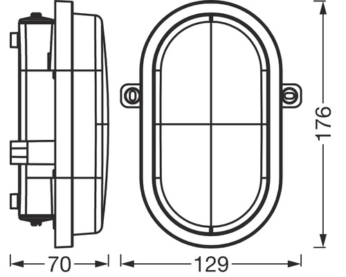 Technische Zeichnung einer ovalen Aussenleuchte mit Massangaben