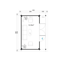 Plan avec mobilier et dimensions d'une maison de 15,76 mètres carrés