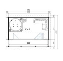 Plan d'un sauna avec bain à remous, coin salon et une surface totale de 15.3 mètres carrés.