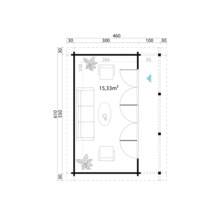 Plan d'un abri de jardin avec mobilier et dimensions de 460 sur 610 centimètres