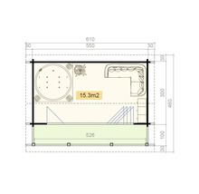 Plan d'un pavillon de jardin avec bain à remous, mobilier et sauna, dimensions 610 x 526 cm