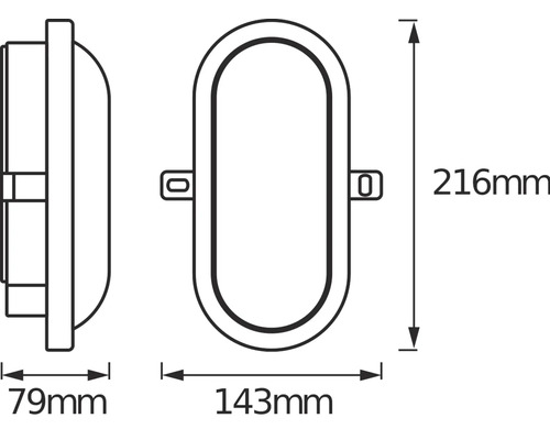 Technische Zeichnung einer ovalen LED-Wandleuchte mit den Maßen 216 mm Höhe, 143 mm Breite und 79 mm Tiefe