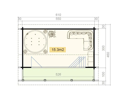 Plan d'un abri de jardin avec jacuzzi et canapé, dimensions en centimètres