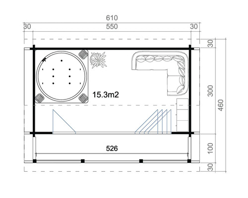 Plan d'une sauna de jardin avec bain à remous et mobilier