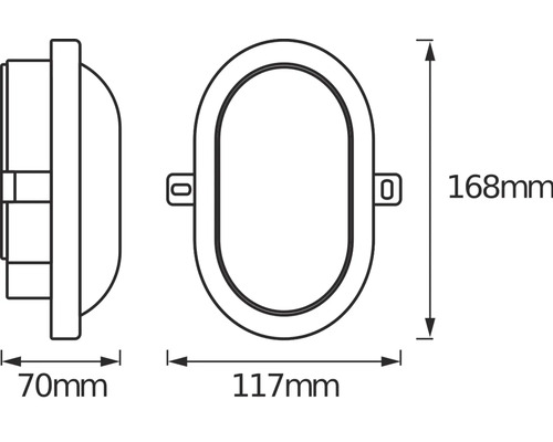 Abmessungen einer ovalen Lampe: 168 mm hoch, 117 mm breit und 70 mm tief