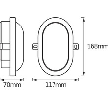 Technische Zeichnung einer Aussenleuchte mit Massangaben: 70 mm Tiefe, 117 mm Breite und 168 mm Höhe.
