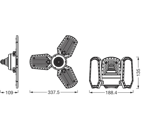 Dessin technique d''un ventilateur de plafond à trois pales avec dimensions
