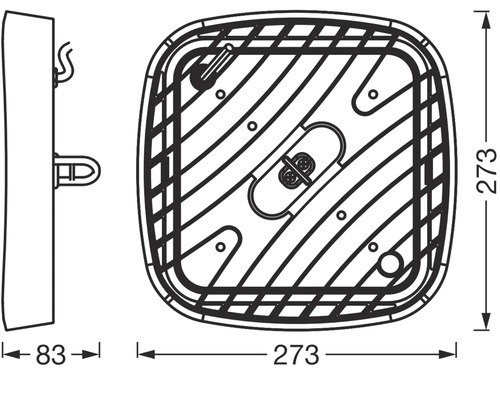 Schéma technique d''une lampe carrée de dimensions 273 x 273 millimètres et d''une profondeur de 83 millimètres