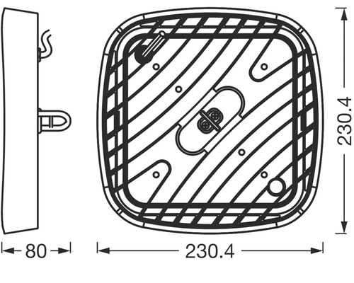 Technische Zeichnung einer quadratischen Wandleuchte mit den Maßen 230,4 x 230,4 x 80 mm