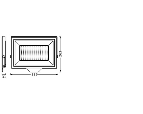 Technische Zeichnung eines rechteckigen LED-Strahlers mit Maßangaben