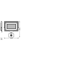 Technische Zeichnung eines LED-Strahlers mit Bewegungsmelder und Abmessungen