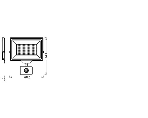 Technische Zeichnung eines LED-Strahlers mit Bewegungsmelder und Abmessungen
