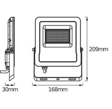 Technische Zeichnung eines LED Strahlers mit Maßangaben: 209 mm Höhe, 168 mm Breite und 30 mm Tiefe.