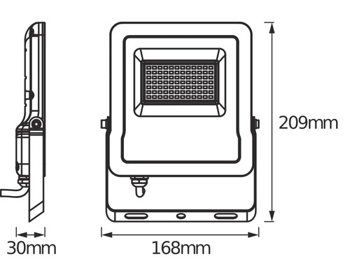 Technische Zeichnung eines LED Strahlers mit Maßangaben: 209 mm Höhe, 168 mm Breite und 30 mm Tiefe.