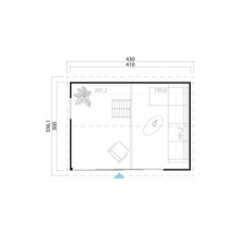 Plan d'un abri de jardin avec mobilier et plantation, dimensions en centimètres