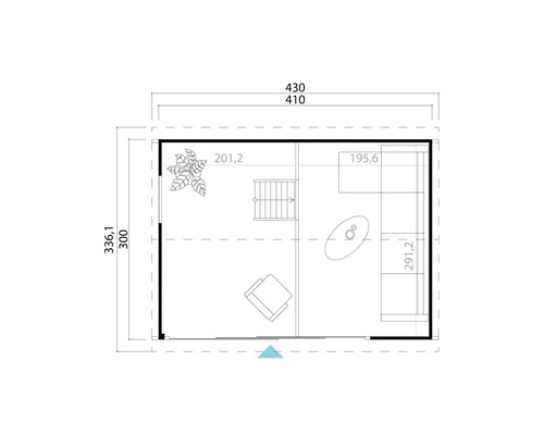 Plan d'un abri de jardin avec mobilier et plantation, dimensions en centimètres