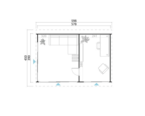 Plan d'un chalet de jardin avec espace de vie et bureau, avec les dimensions.