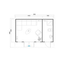 Plan d''une maison de jardin avec salon et salle de bain, dimensions incluses