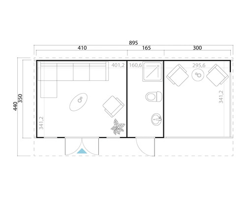 Plan d'un abri de jardin avec salon et salle de bains, dimensions incluses
