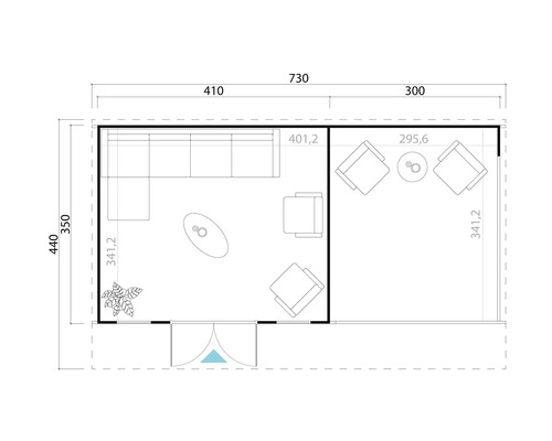 Plan d'un abri de jardin avec dimensions et mobilier
