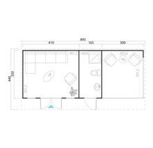Plan d'un abri de jardin avec salon et salle de bain, dimensions incluses