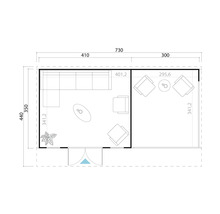 Plan d'un abri de jardin avec mobilier et dimensions
