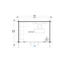 Plan d'un chalet de jardin avec mobilier et dimensions