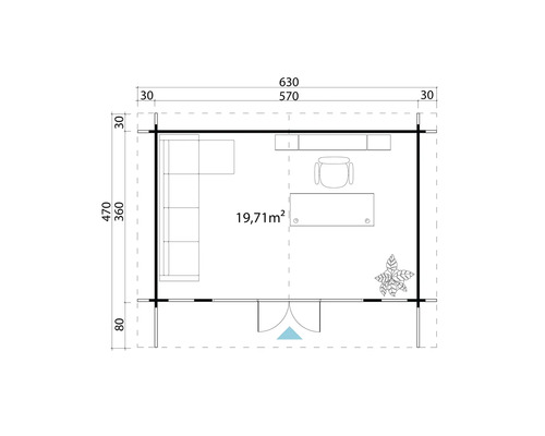 Plan d'un chalet de jardin avec mobilier et dimensions