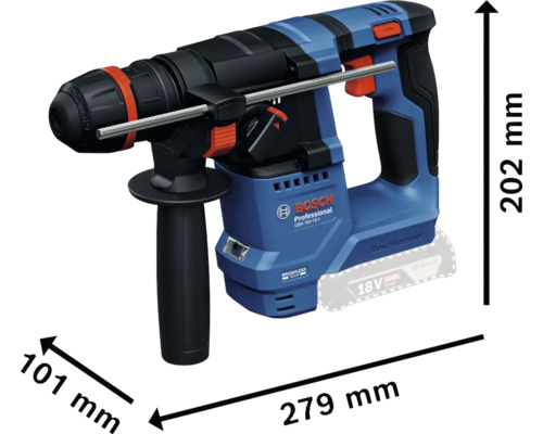 Bosch Professional Bohrhammer mit den Massen 279 mm Länge, 101 mm Breite und 202 mm Höhe.