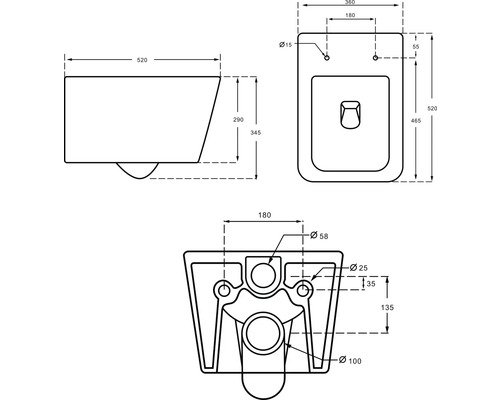 Schéma technique de WC suspendu avec dimensions