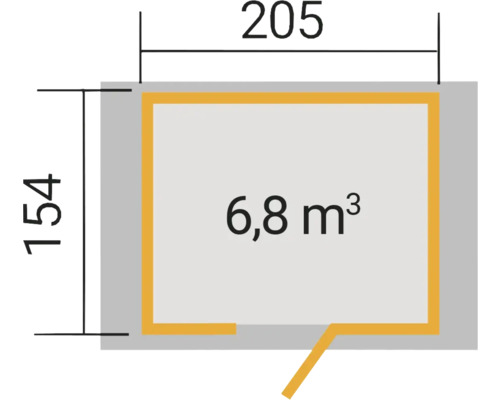 Plan avec dimensions : 205 x 154, volume 6,8 mètres cubes