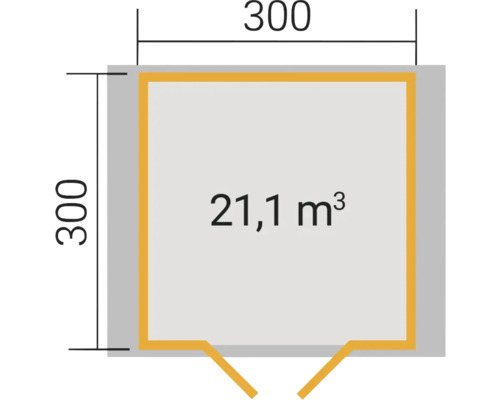 Plan avec dimensions 300 x 300 cm et un volume de 21,1 mètres cubes