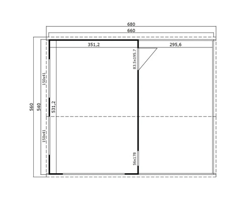 Technische Zeichnung eines Gartenhauses mit Massangaben
