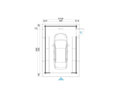 Grundriss einer Garage mit den Massen 414,8 mal 600 Zentimeter