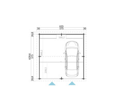 Grundriss einer Garage mit den Abmessungen des Gebäudes und eines Autos.