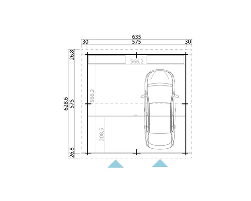 Grundriss einer Garage mit den Abmessungen des Gebäudes und eines Autos.